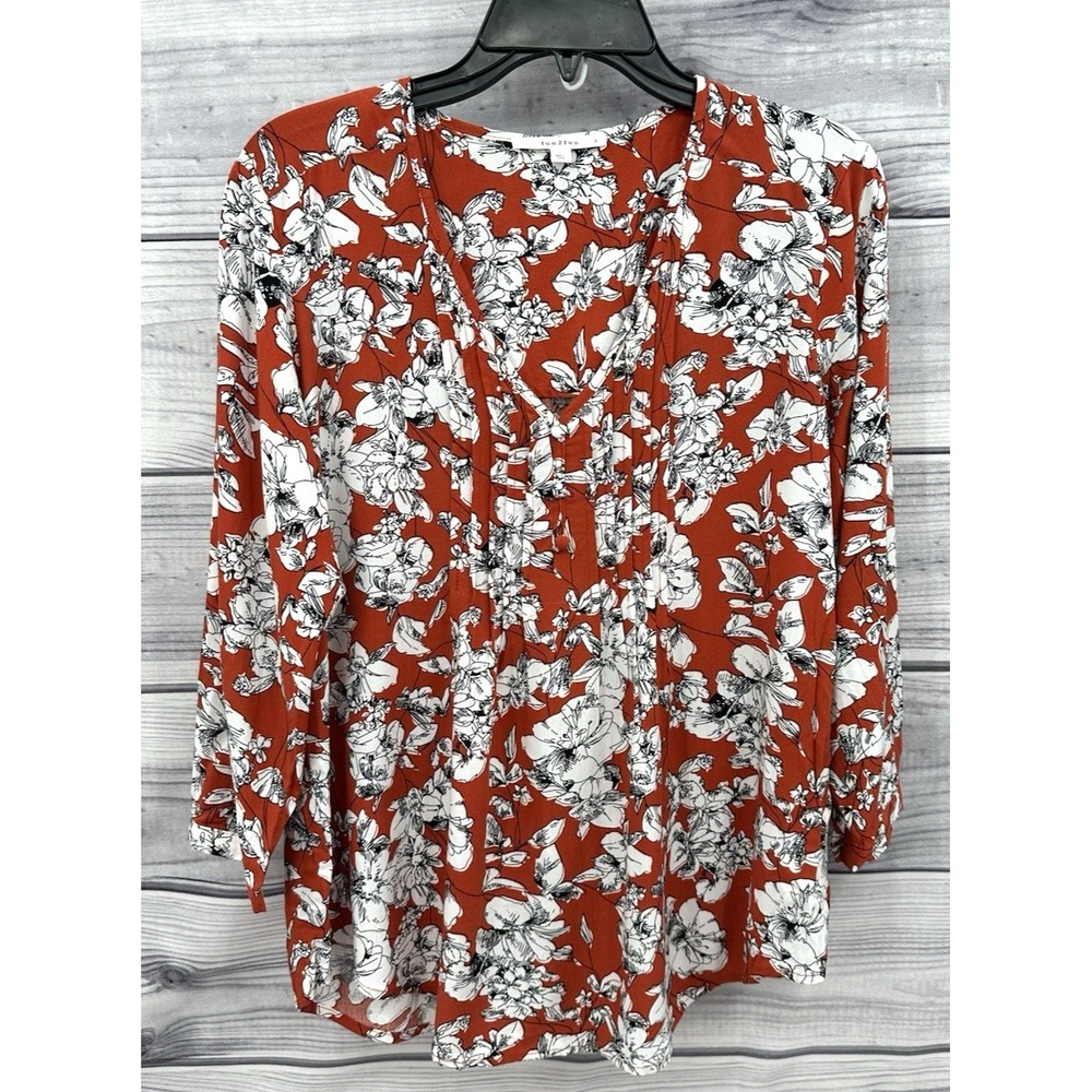 FUN 2 FUN 3/4 SLEEVE PULLOVER BLOUSE TOP Women's Size Small RUST FLORAL PRINT